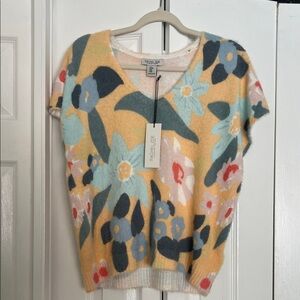 Rachel Zoe Yellow Floral V-Neck Short Sleeve Knit